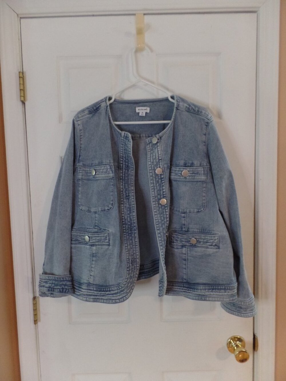 QVC Studio Park x Amy Stran XL 18 20 22 Light Wash Denim Collarless Lady Jacket